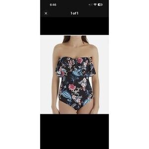 SeaFolly Black Print Strapless Ruffle One Piece Swimsuit Winter Garden US Size 8